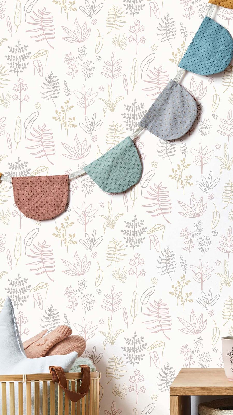 Papel de parede infantil com folhas em tons pastel