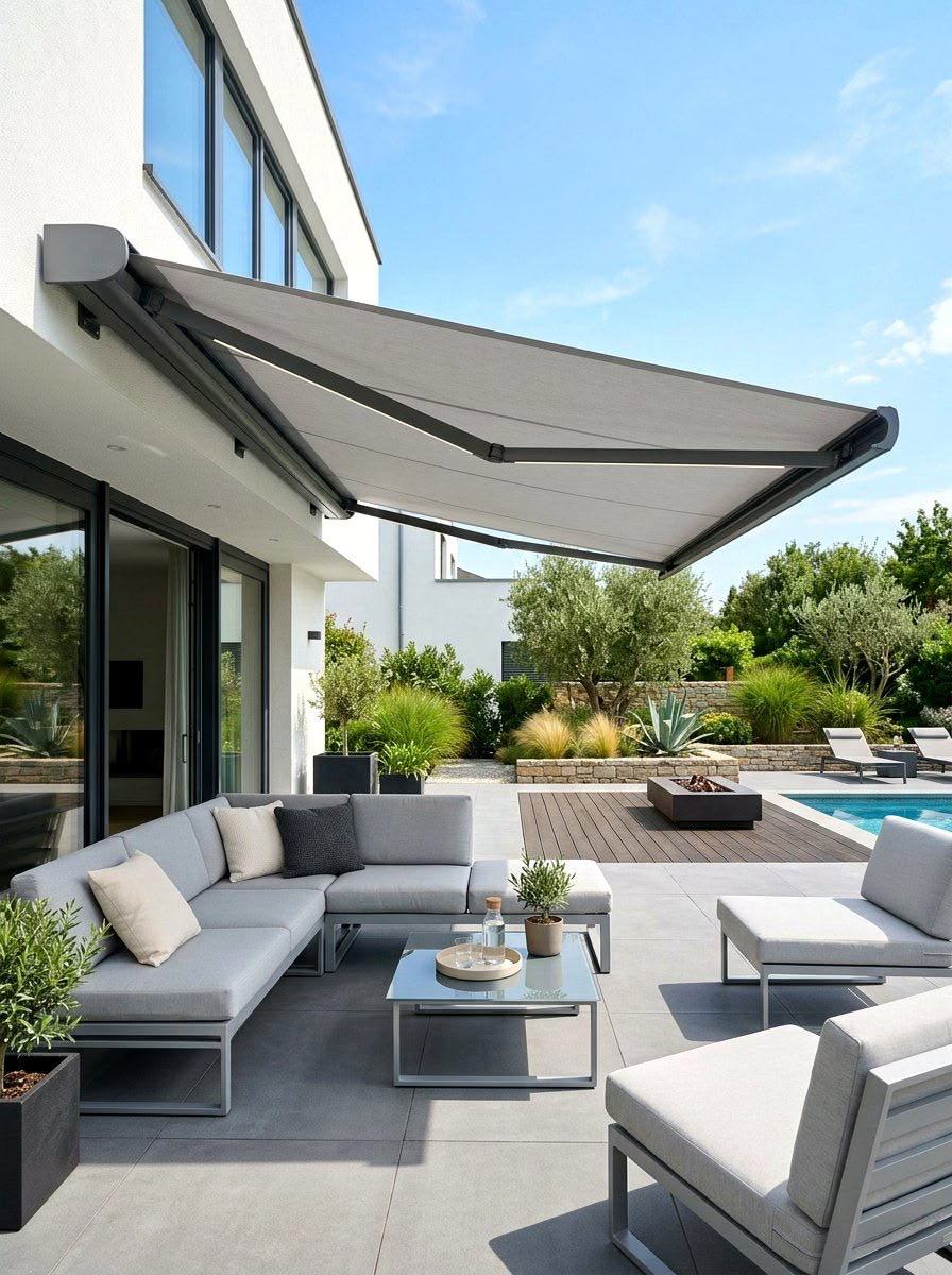 Toldo de cofre em tela cinza aberto sobre um terraço com sofás, junto à piscina
